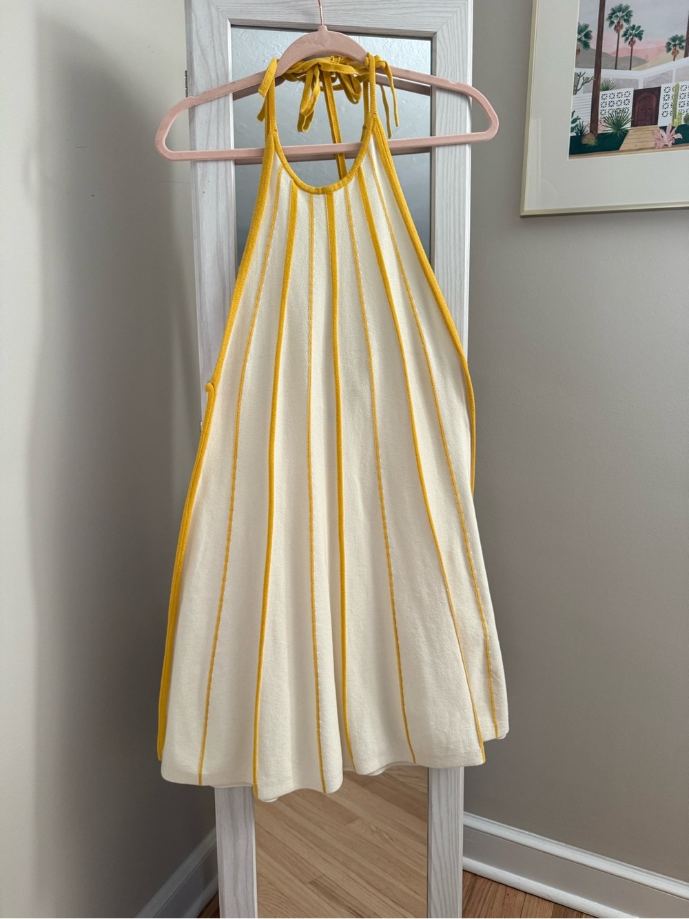 Anthropologie Celandine Yellow-Trim knit Cream Halter Dress